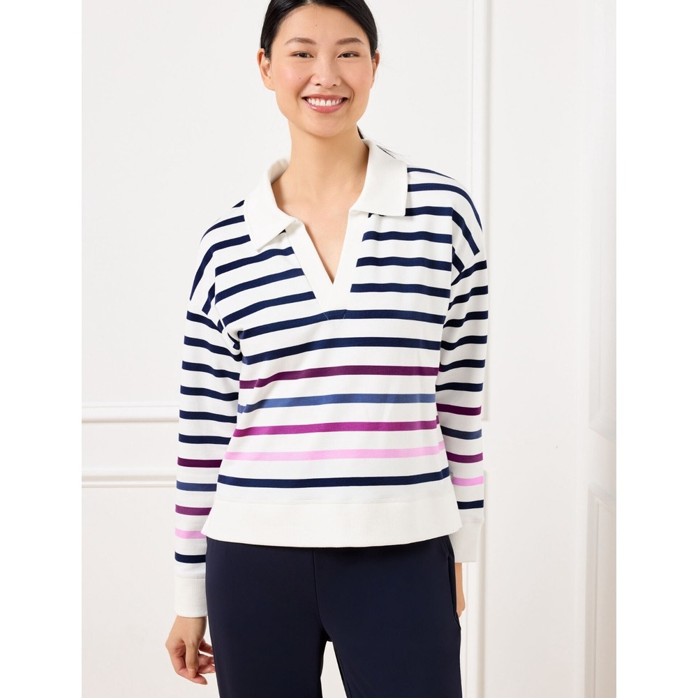 T by Talbots Modal French Terry Johnny Collar Pullover Sprouts Stripe Size XL